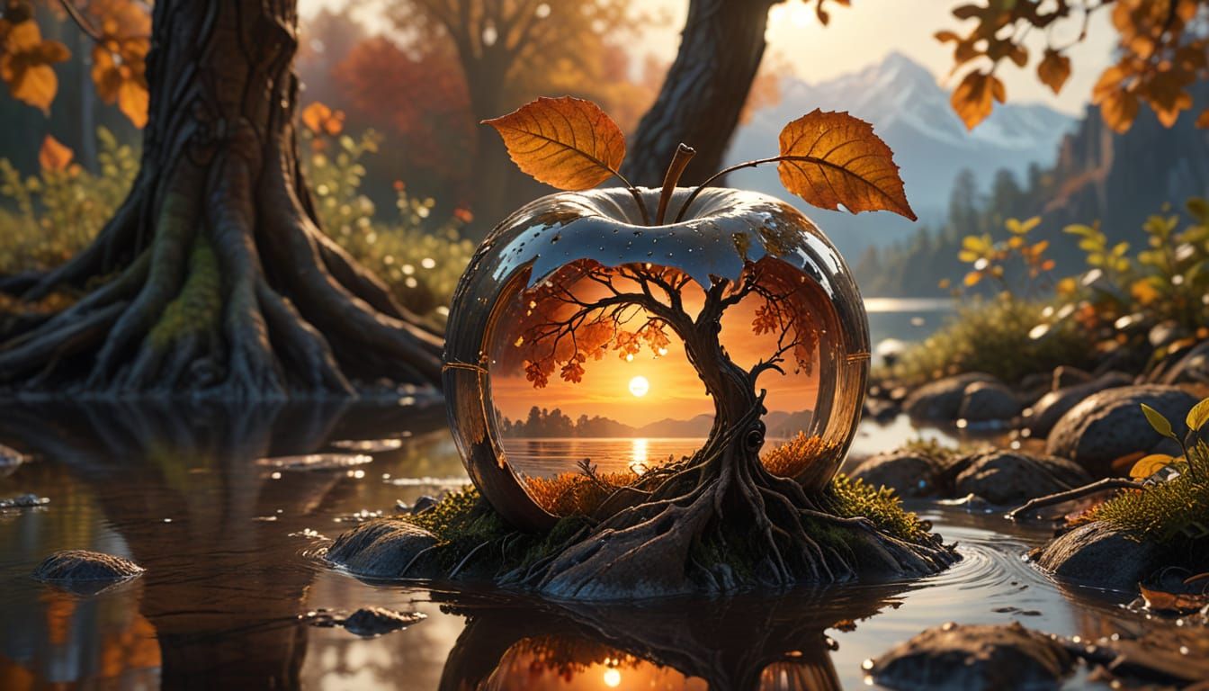 Surreal Apple Sculpture with Glowing Inner World