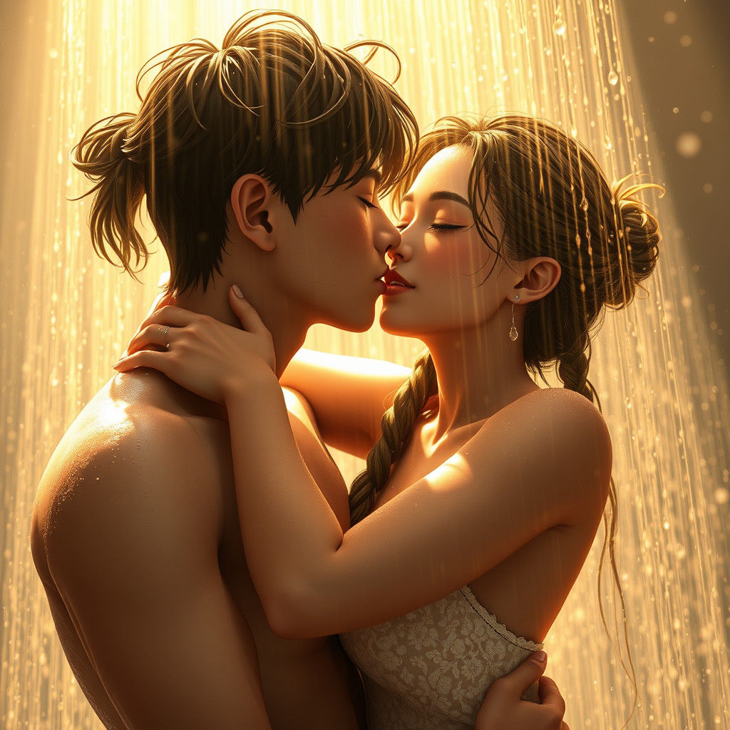 Lovers Embrace in Golden Shower: 3D Anime Art