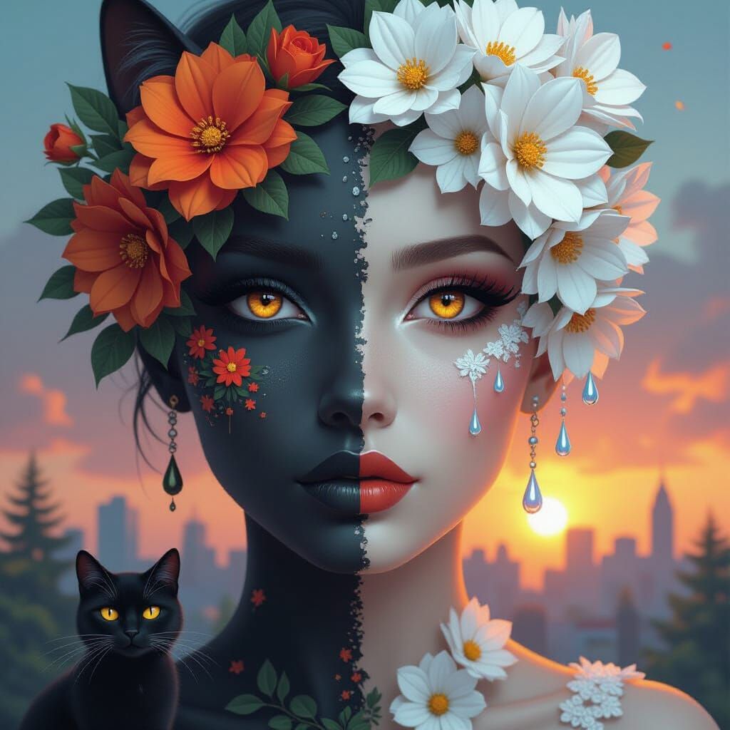 Surreal Dual-Faced Figure with Flowers and Skyline
