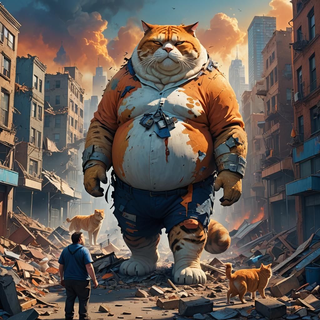 Fantasy Cityscape Destroyed by Obese Man and Cat