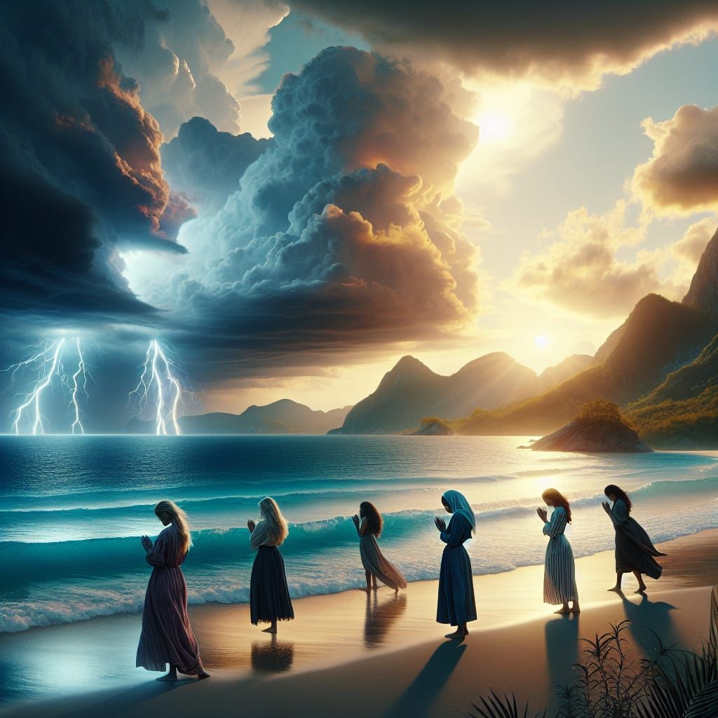Women Praying on Stormy Beach in Hyperrealism