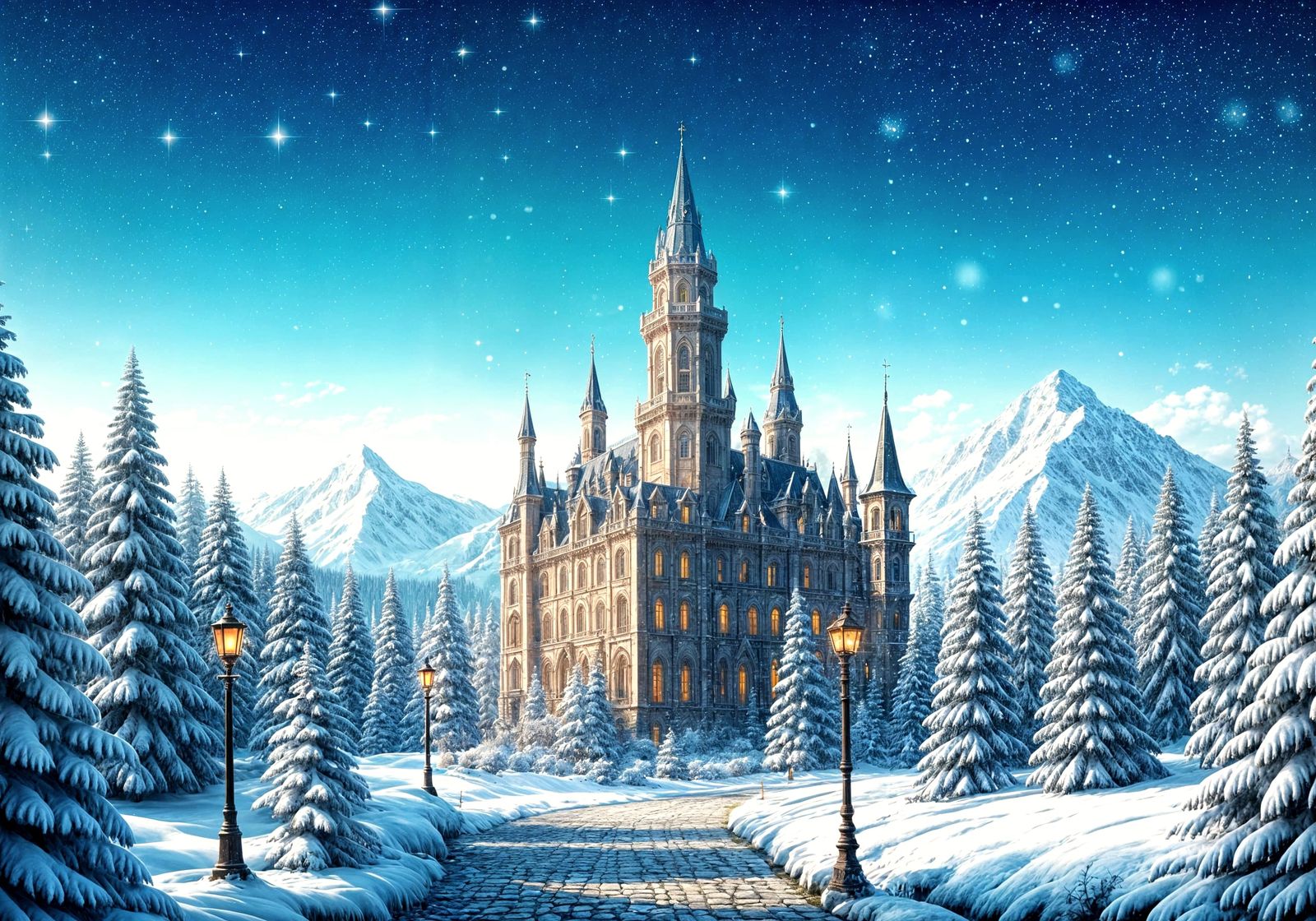Winter Castle in Snowy Pine Forest Landscape