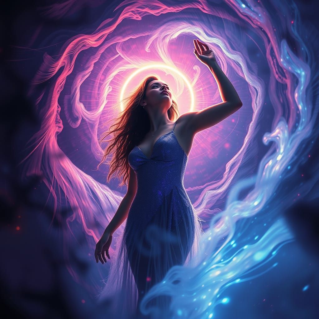 Woman in Swirling Darkness with Luminous Halo