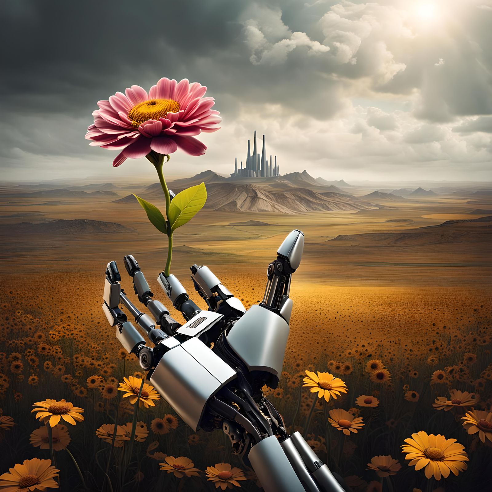 Nature vs. Technology: Robotic Hand Holding Flower