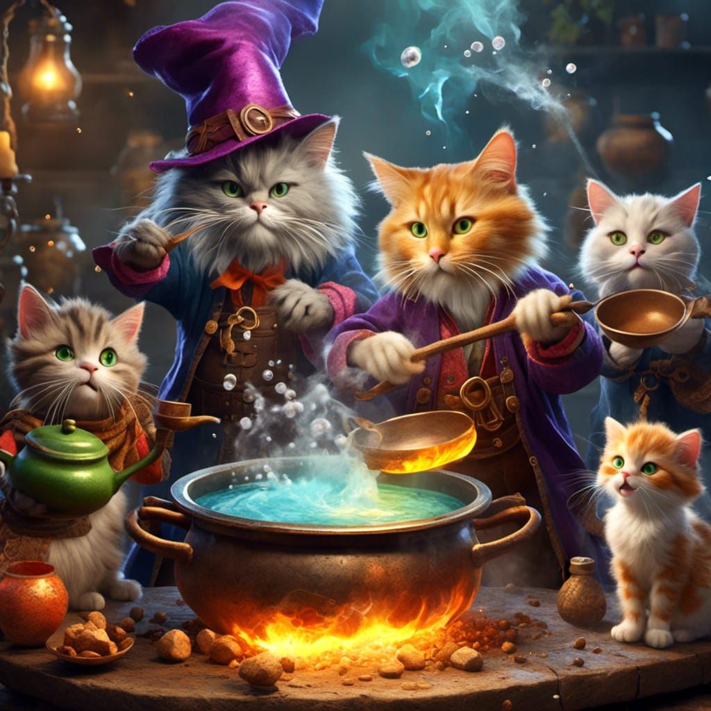 Hyperreal Cats in Wizard Hats Brewing Potion