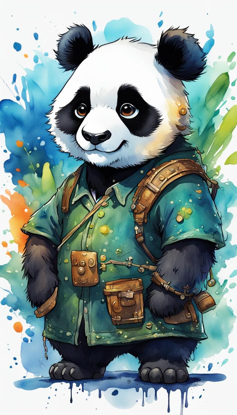 Chibi Panda Watercolor Portrait Illustration