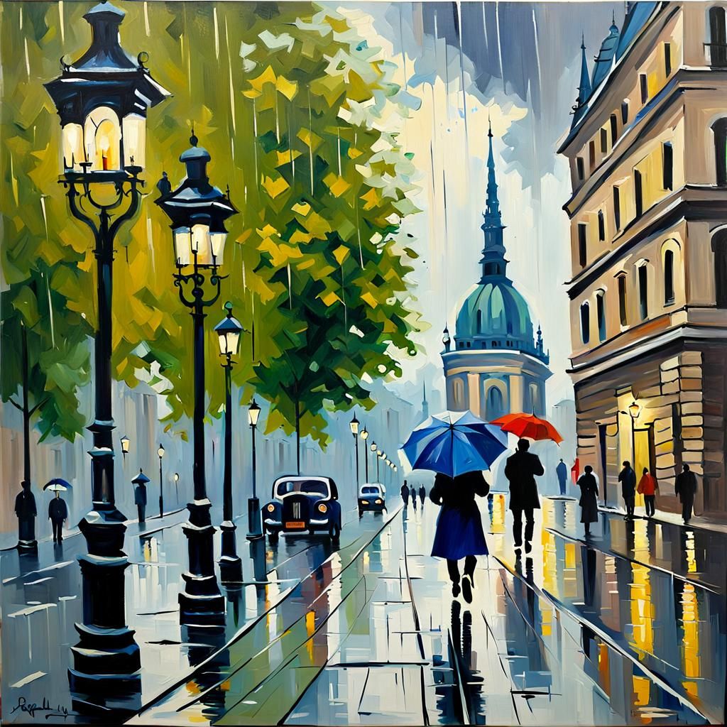 Rainy day in Budapest Oilpainting