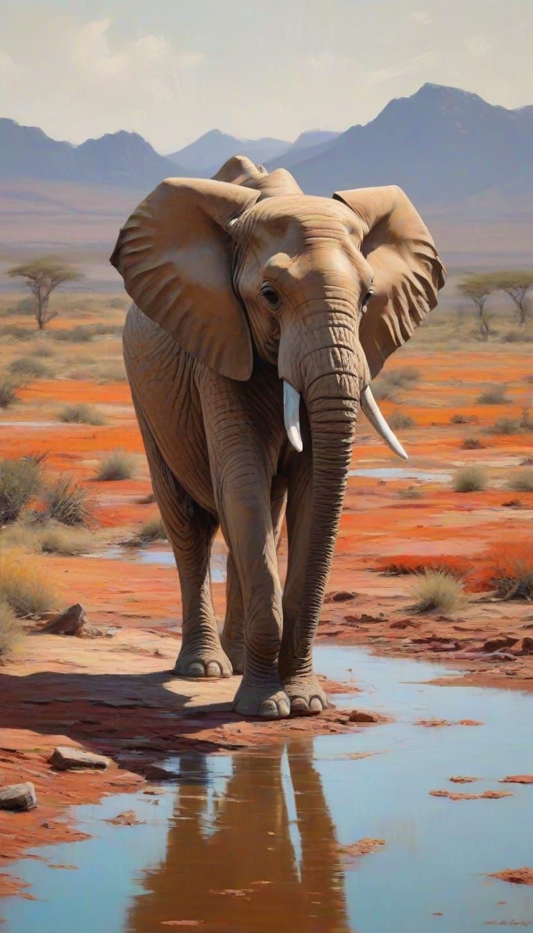 Tsavo Impasto: An Elephant's Solitude at the Watering Hole