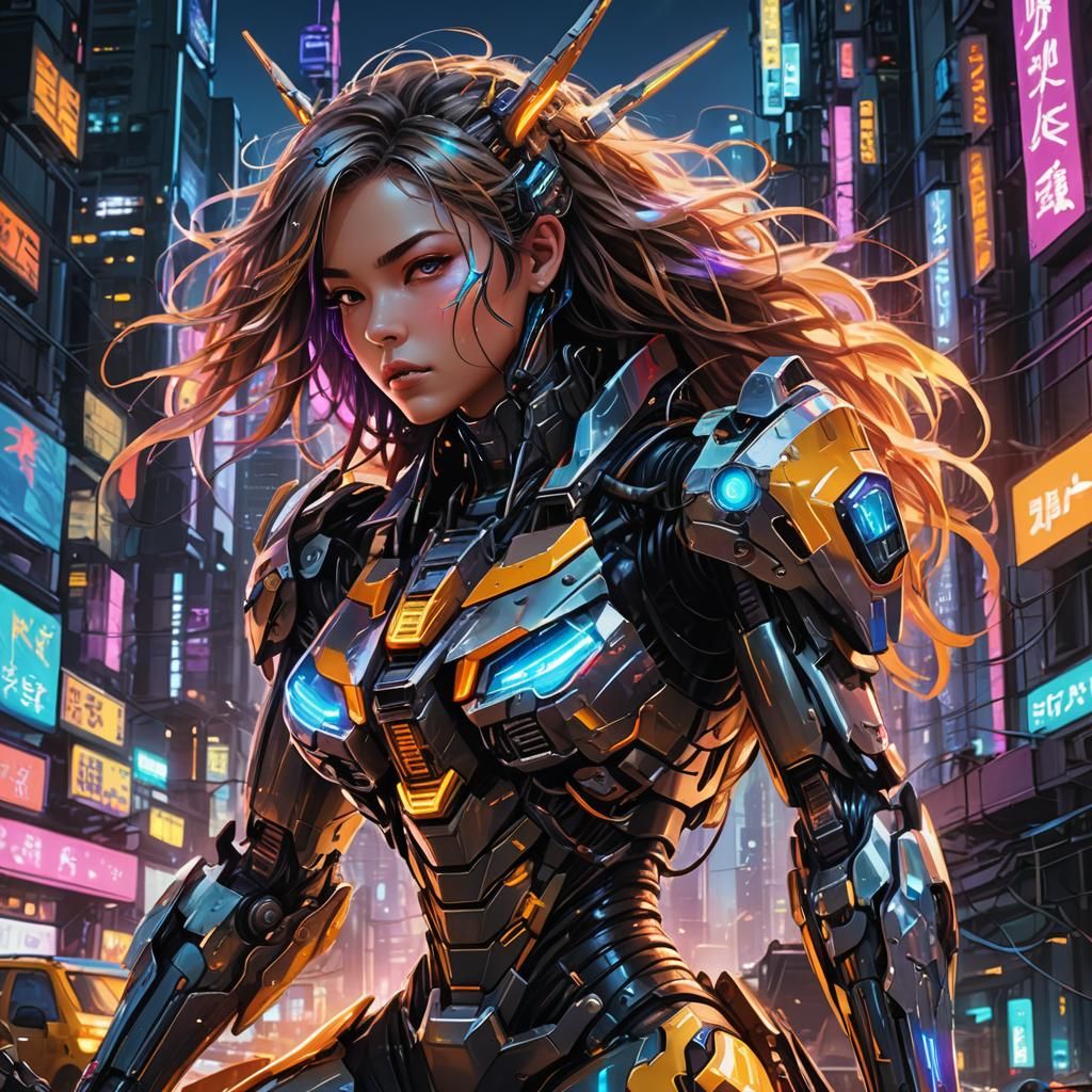Girl Rides Transformer in Neon Cityscape