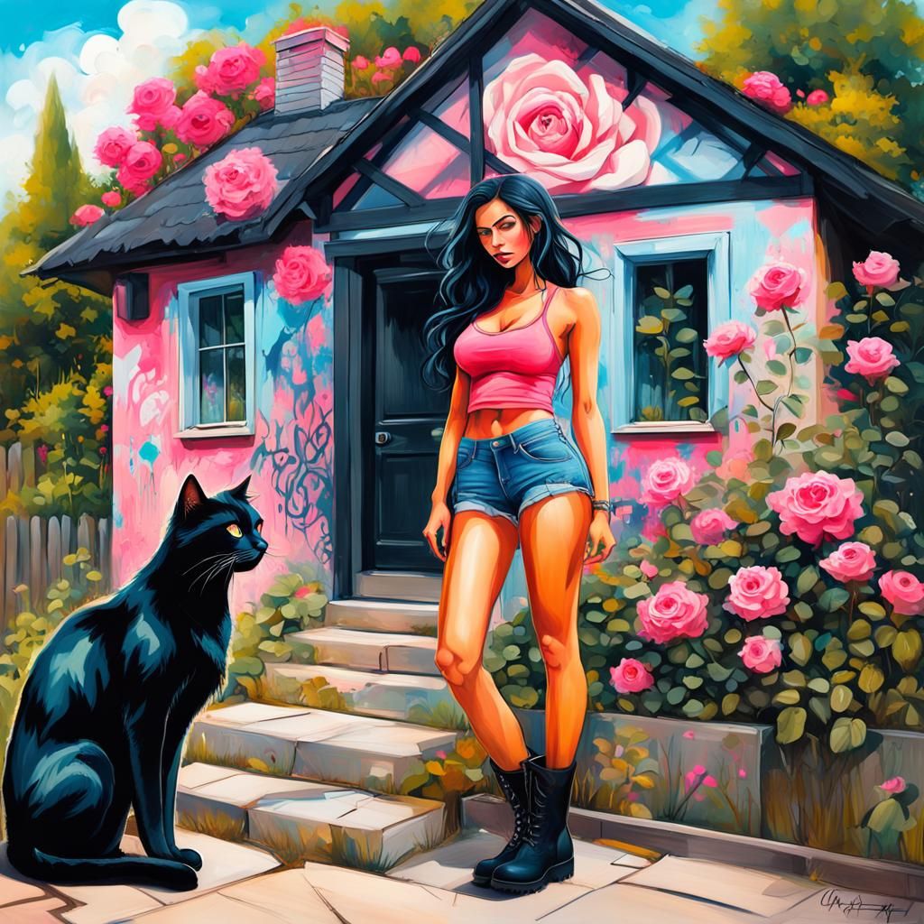 Cottage Rose Garden with Woman and Cat in Graffiti Art