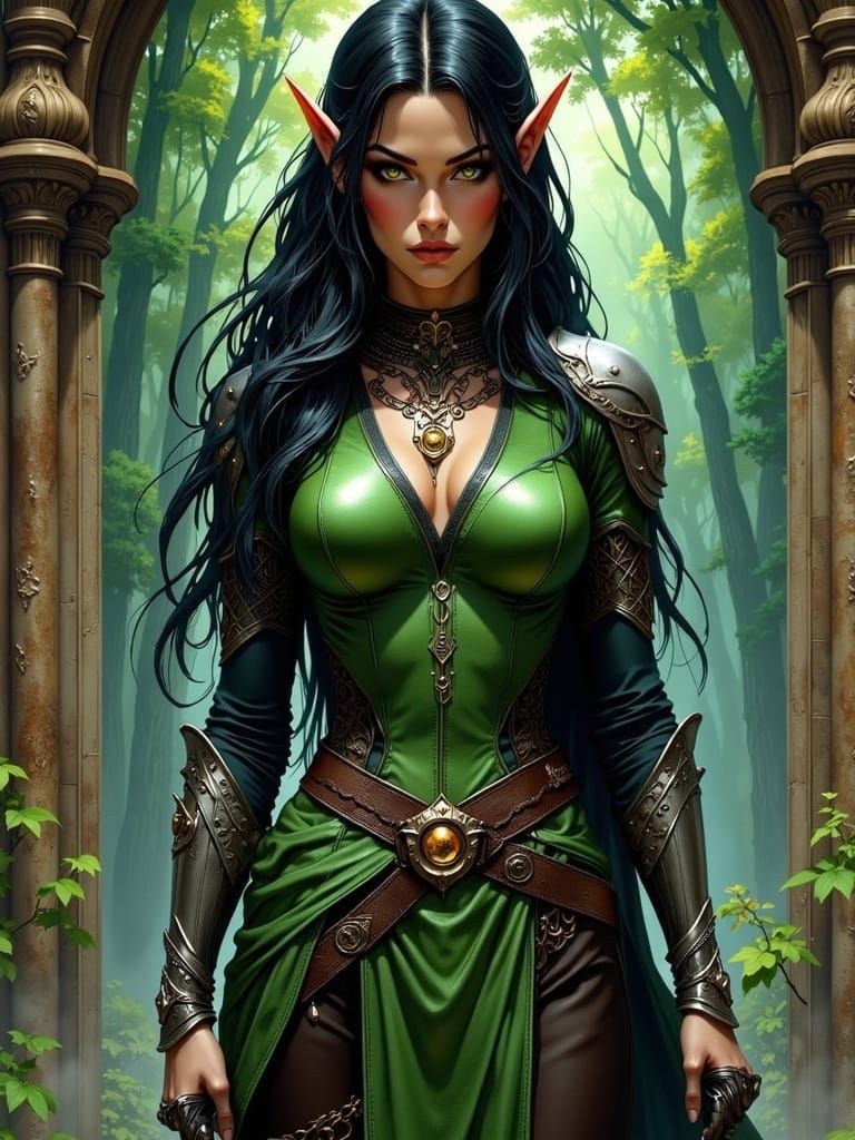 Statuesque Elf Guarding Mystical Forest Realm