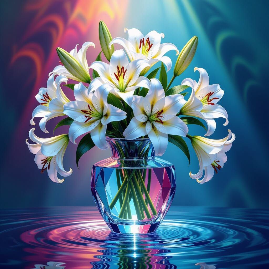 Hyperrealistic Lilies in Mercury Crystal Vase