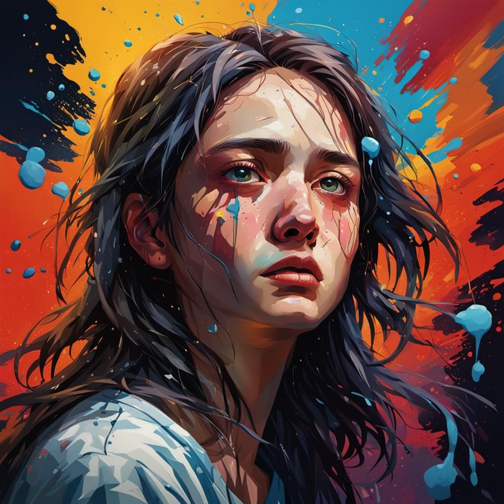Hyperrealistic Portrait of Sadness in Splash Art Style