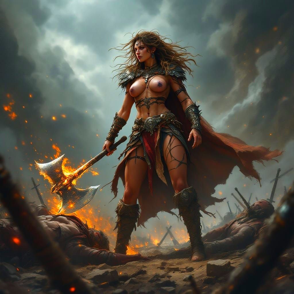 Warrior's Triumph in a Stormy Battlefield