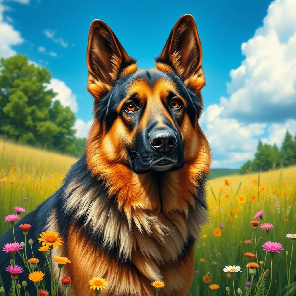 Majestic German Shepherd in a Vibrant Meadow