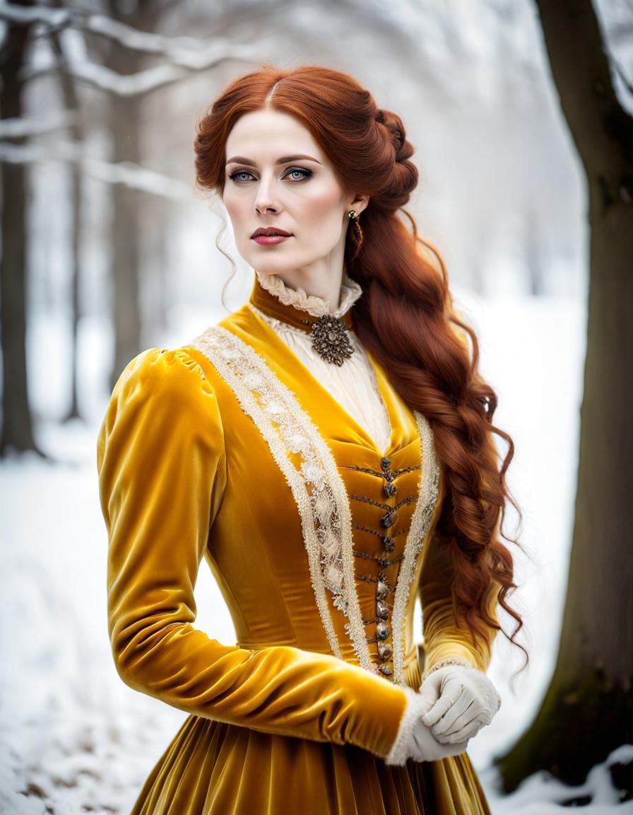 Victorian Woman in Yellow Velvet Dress Portrait
