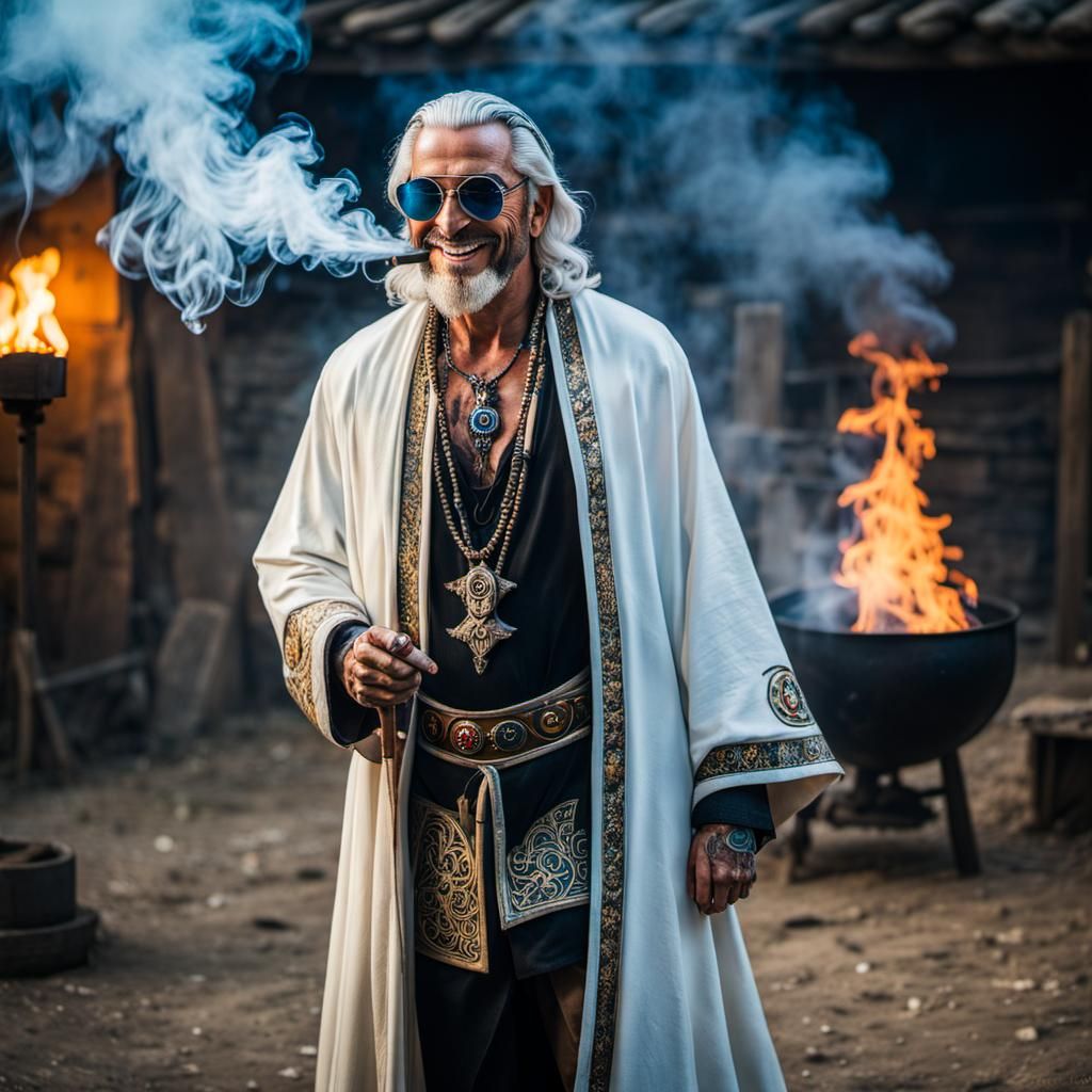 Smiling Sorcerer with Sunglasses in Middle Ages