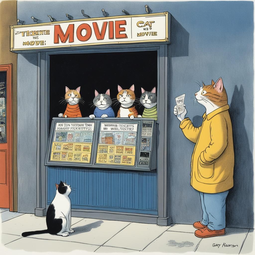 Cat Watches Moviegoers: A Cartoon Scene