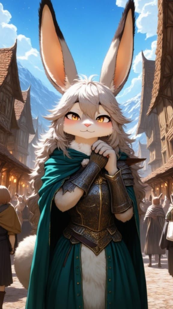 Luminous Bunny Knight in a Whimsical Village