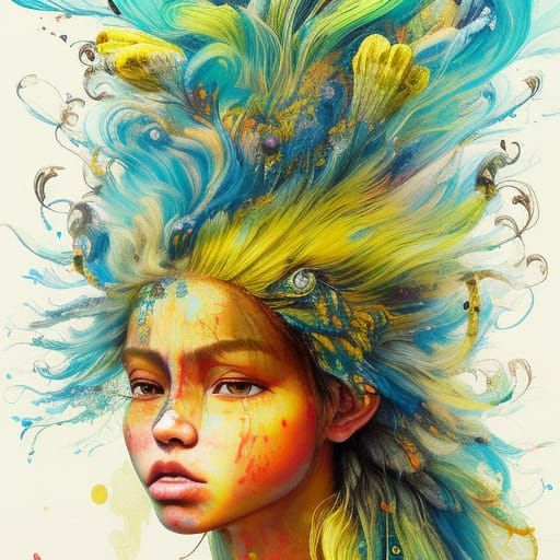 Peruvian Girl with Yellow Hair, Gouache and Watercolor