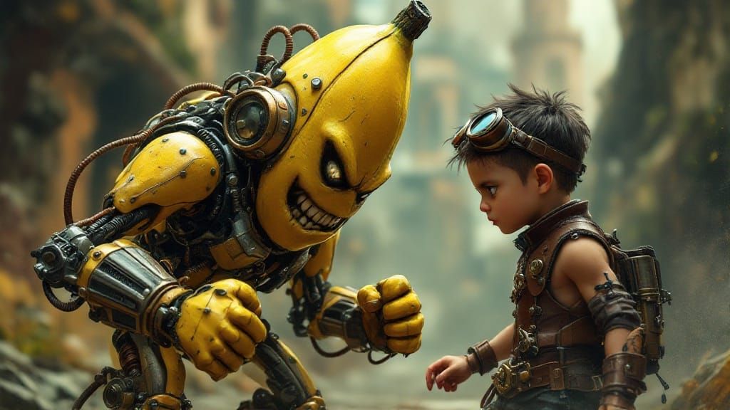 Steampunk Showdown: Boy vs. Mechanical Banana