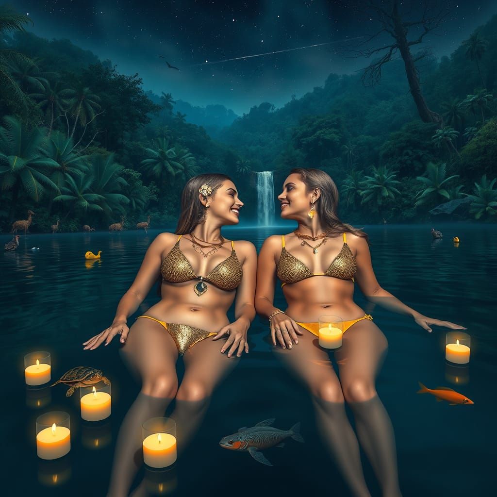 Dark Night Paradise with Candlelit Lake Scene