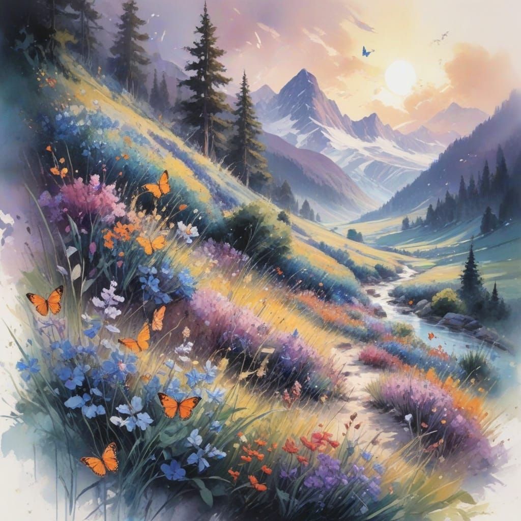 Alpine Meadow in Neo-Impressionist Style