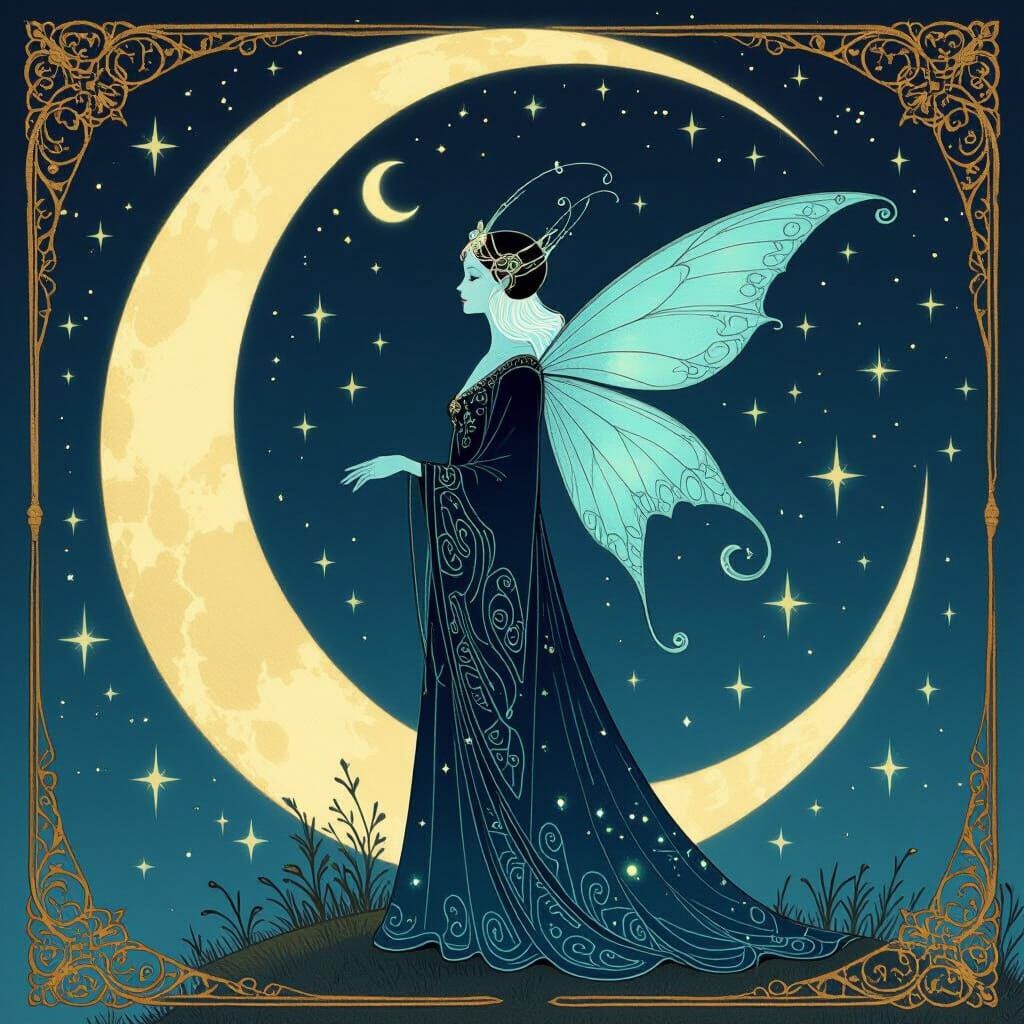 Fantasy Hero Under Moonlit Sky, Fairy Tale Art Style