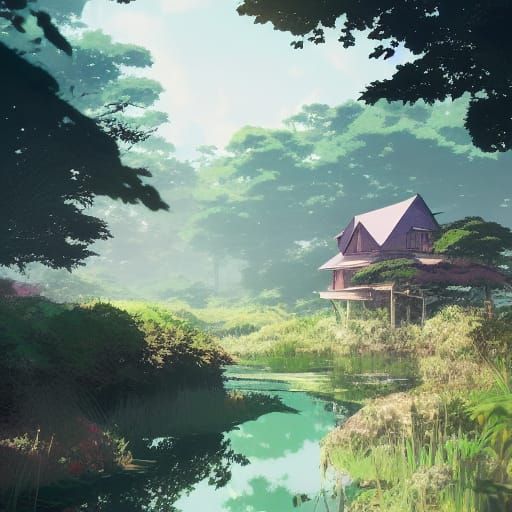 Scenic Getaway Retreat Landscape in Anime Style