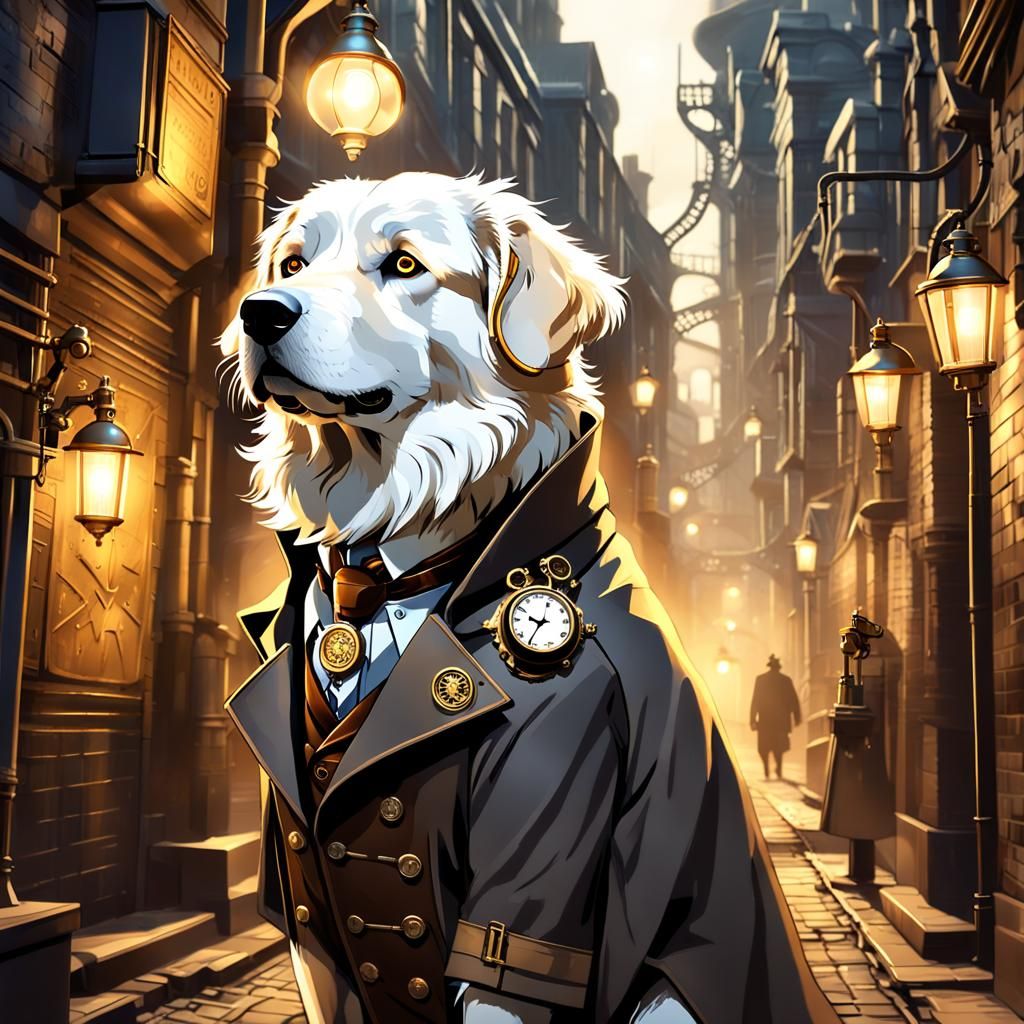 Steampunk Great Pyrenees in Clockwork City Alleyway