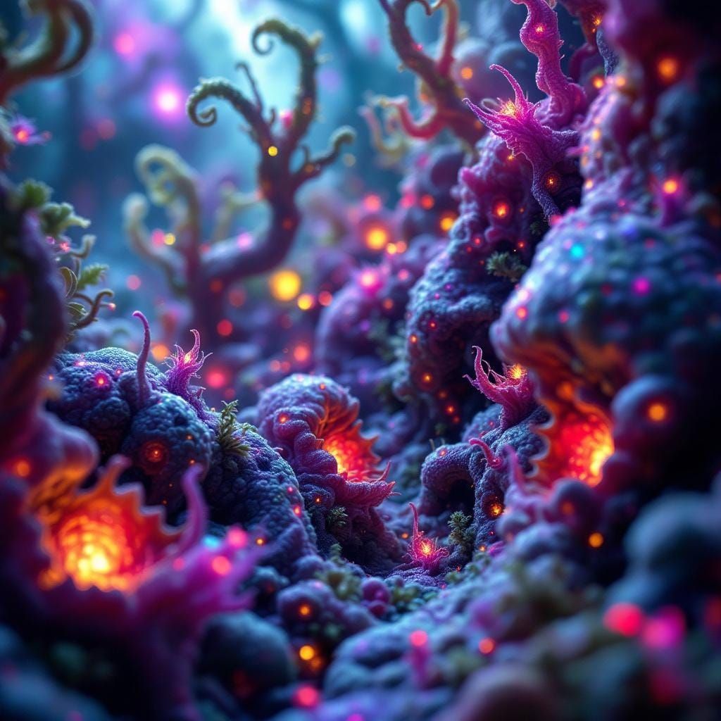 Psychedelic Horror Art: Vibrant Alien Flora in Cosmic Style