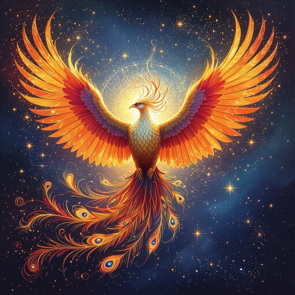 Phoenix Soaring Through Cosmos in Visionary Art Style