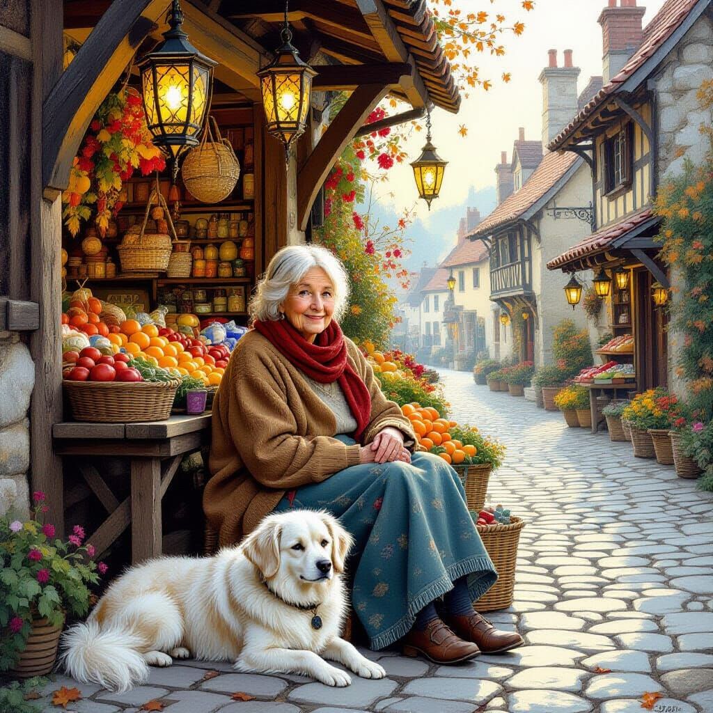 Kind Woman and Dog in Quaint Village