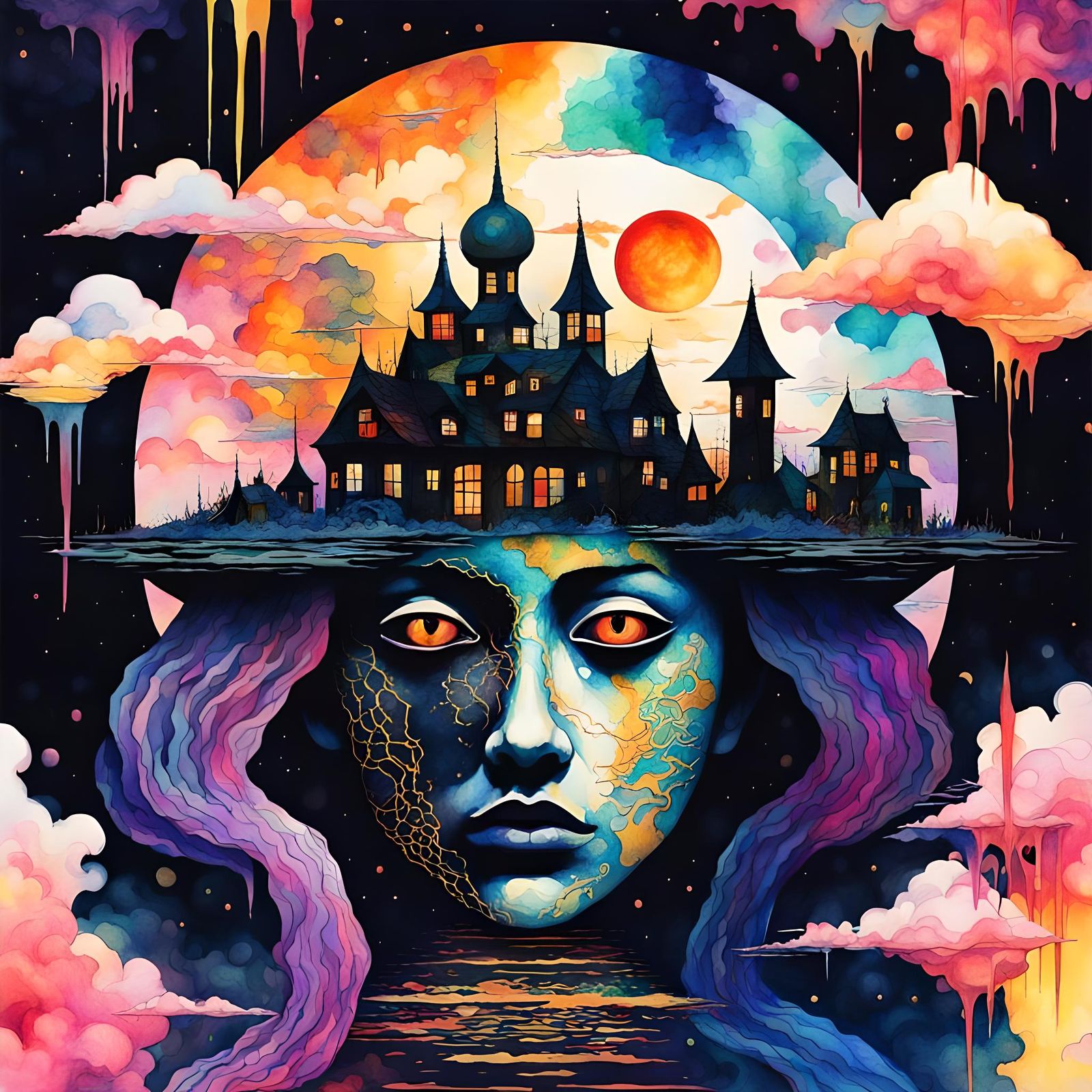 Ethereal Gothic Folk Art in Watercolor Kintsugi Style