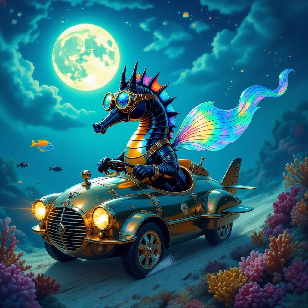 envision a majestic, tall, sturdy, and shining jet-black seahorse gracefully driving a miniature submarine car through,....