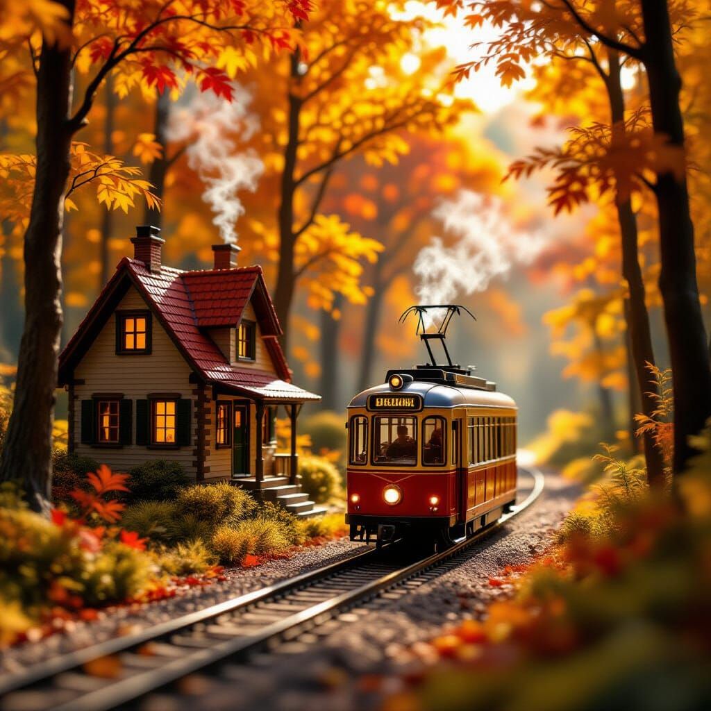 Cozy Autumn Forest Tram Scene in Realistic Macro Style