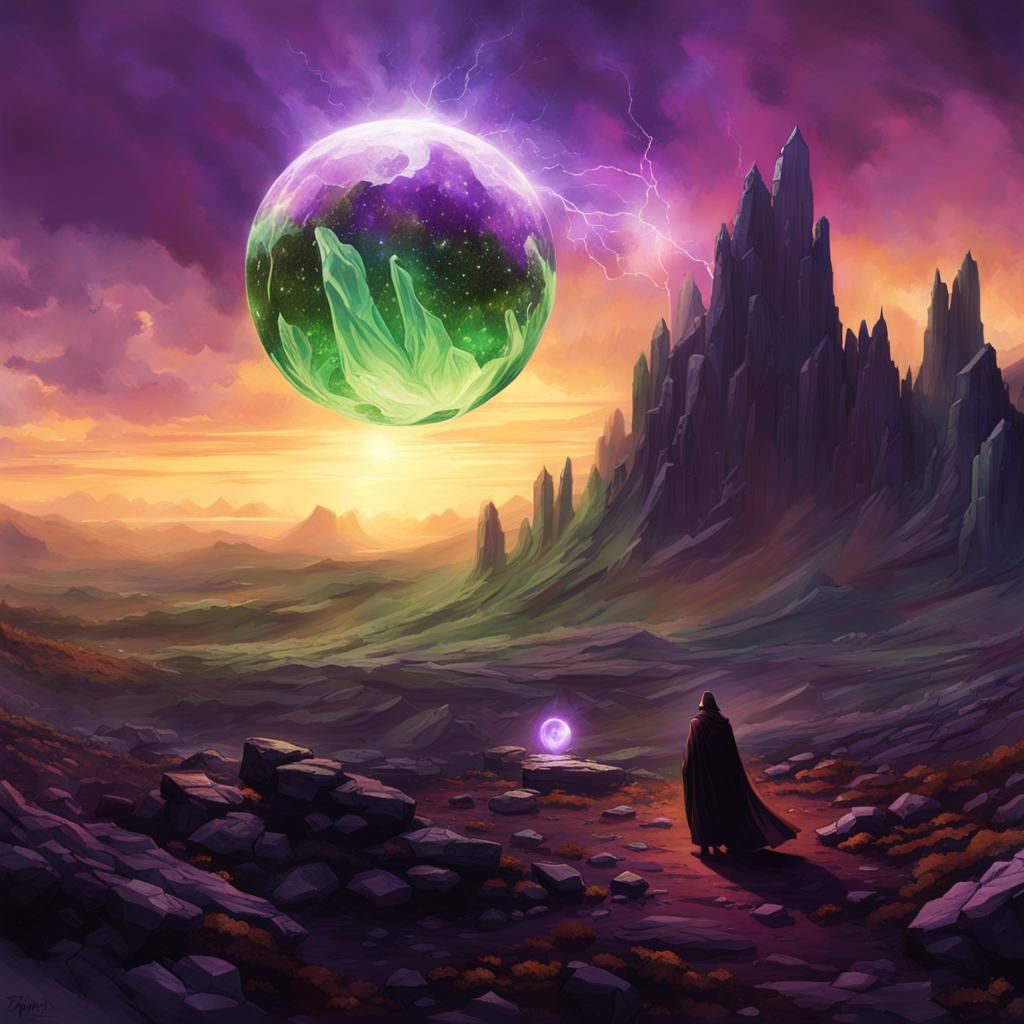 Mystical Figure Reaching for Orb in Crystal Landscape