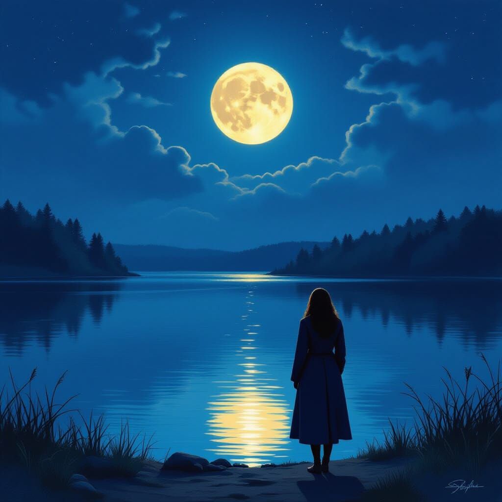 Serene Lake at Night with Woman Under Full Moon Reflection