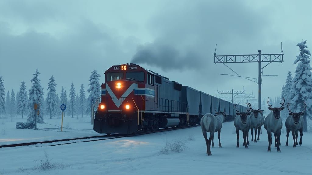 Realistic Winter Train in Lapland with Reindeer