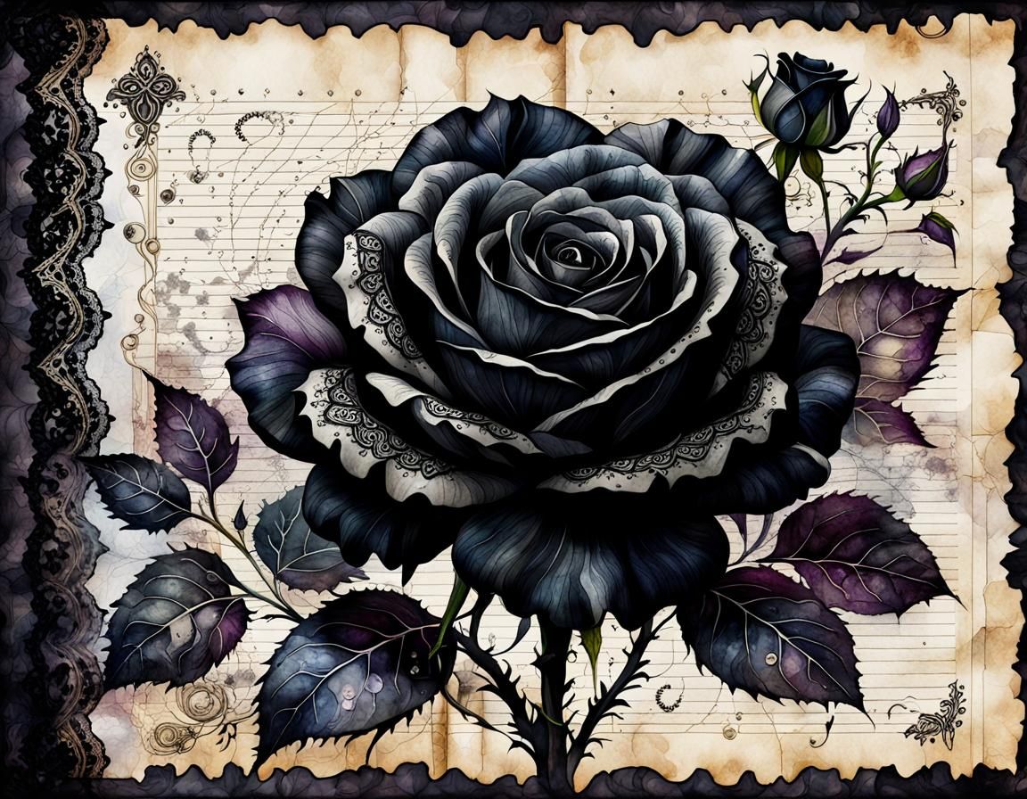 Mystical Black Rose on Parchment in Watercolor Style