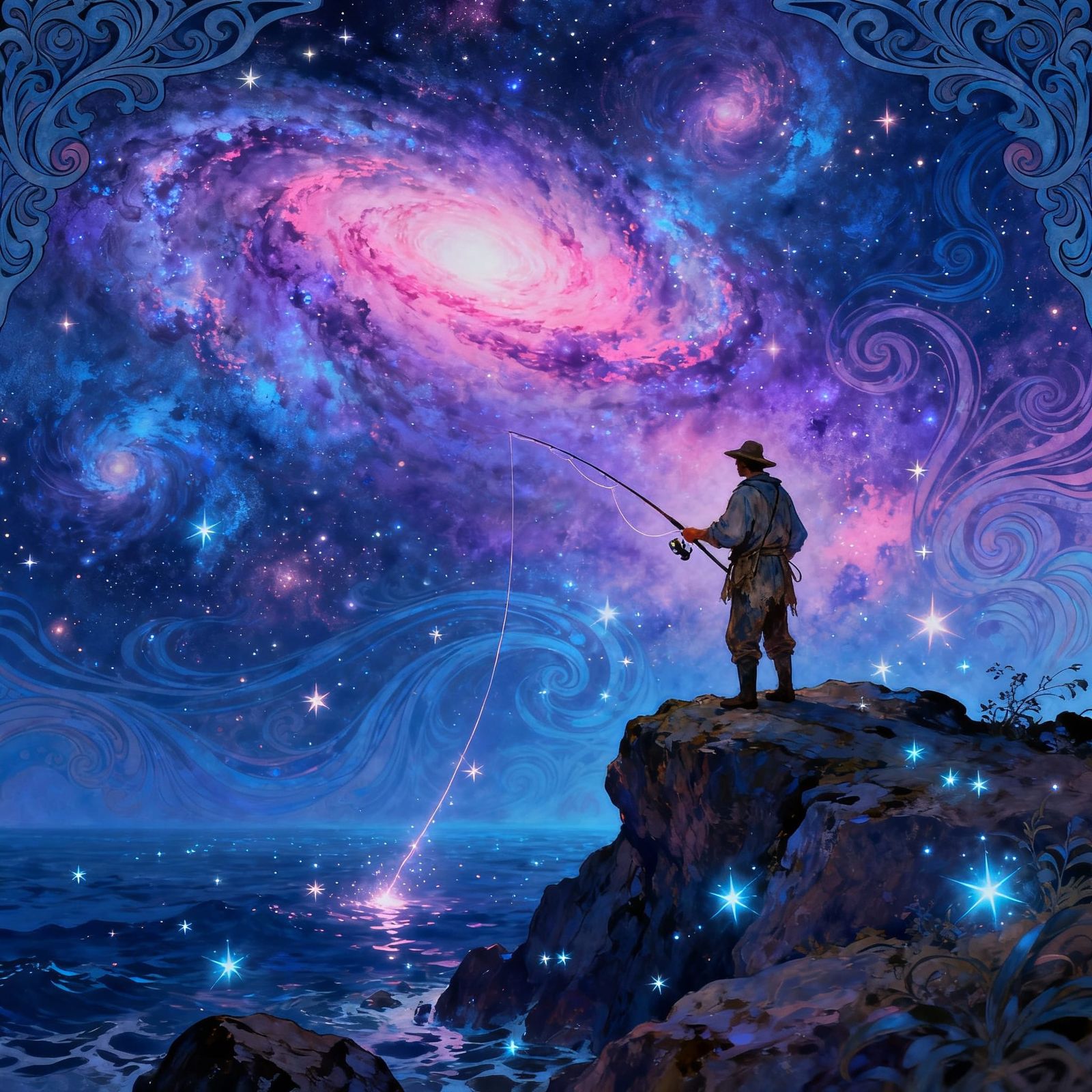 Cosmic Fisherman Casting Line Into Galaxy Sea