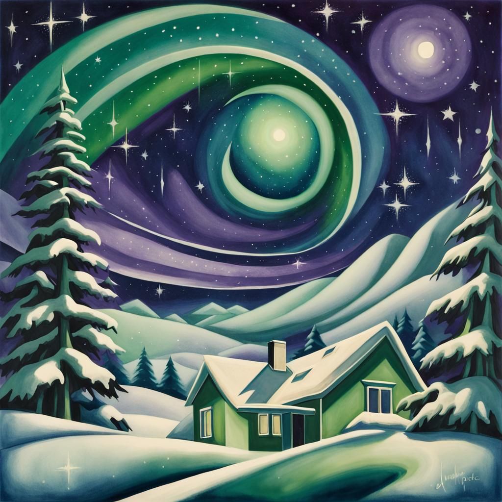 Psychedelic Art Deco Aurora Borealis in Winter