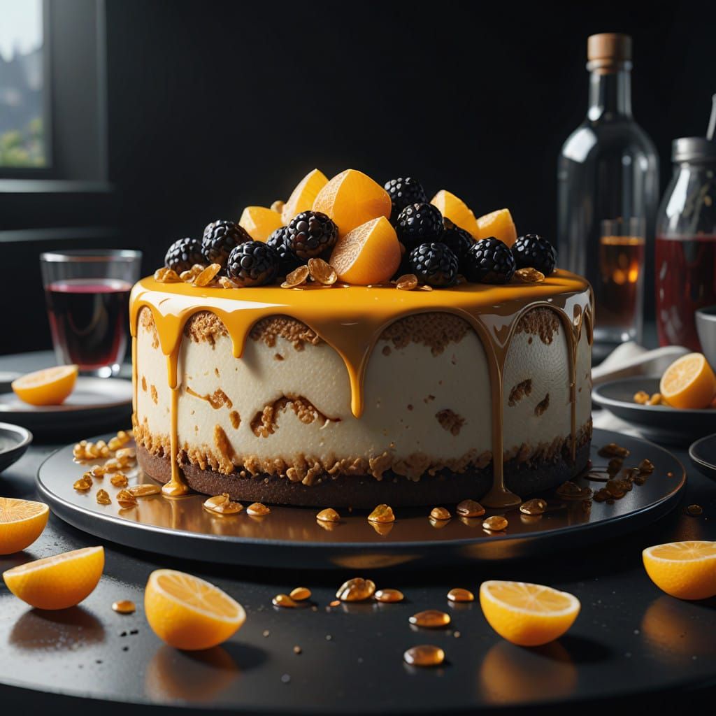 Fantasy Cheesecake with Raisins in a Golden, Mystical Realm
