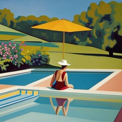 Solitary Woman by Pool in 1940s Hopper Style