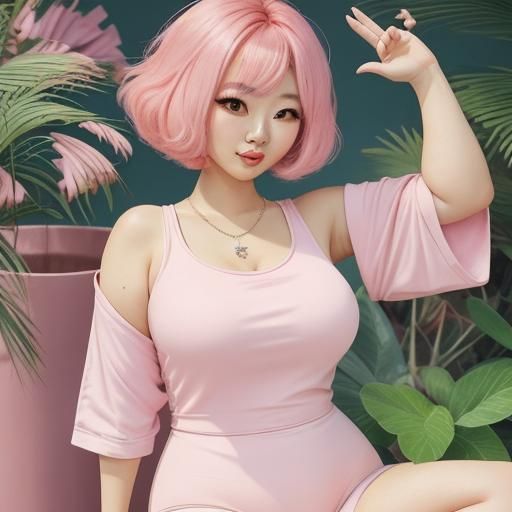 Asian Girl in Pastel Pink Cartoon Aesthetic