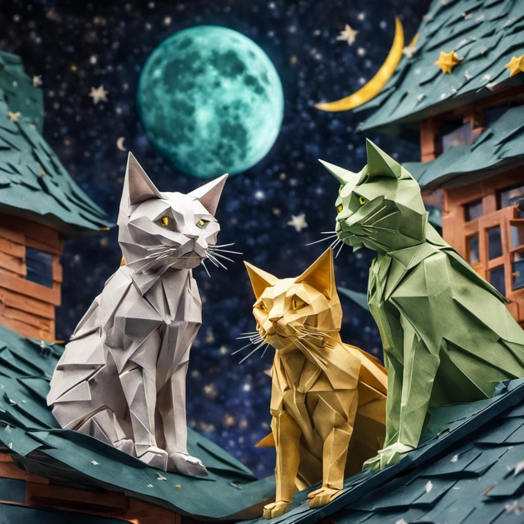 Origami Cats Sitting On A Roof