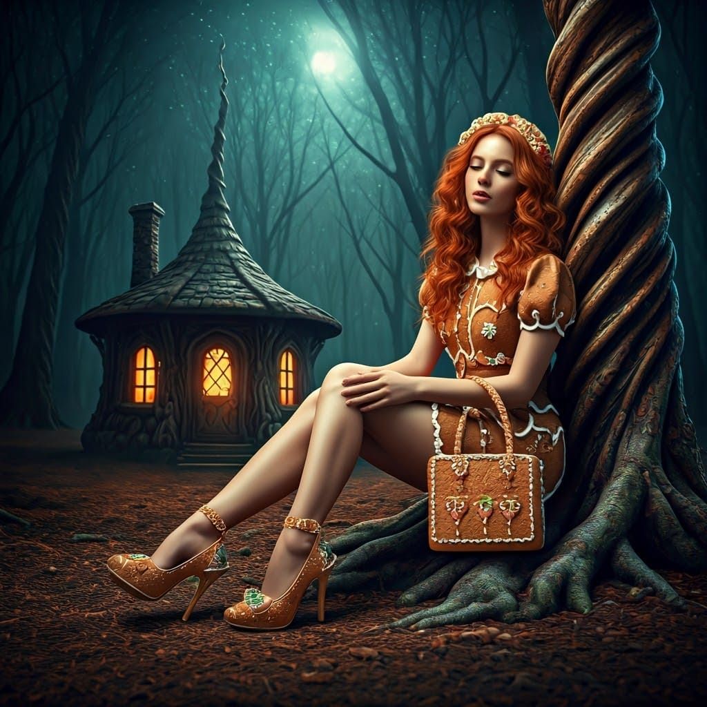 Surrealist Gingerbread Goddess in Moonlit Forest