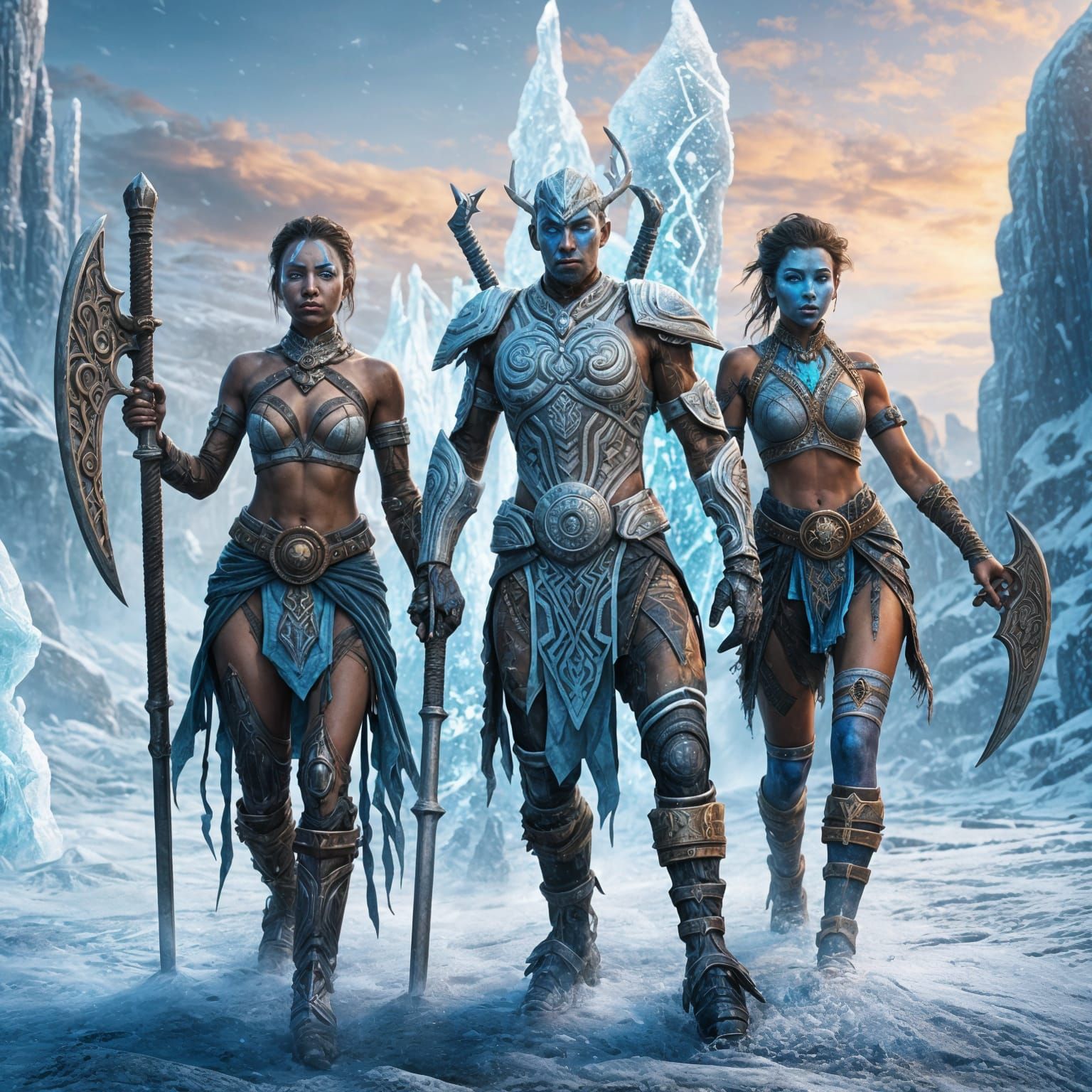 Frozen Cyborg with Tribal Warriors: Fantasy Art