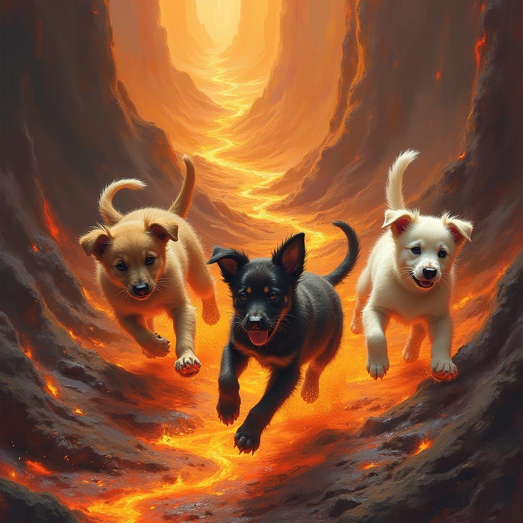 puppy cerberus and puppy fenris playing in hell