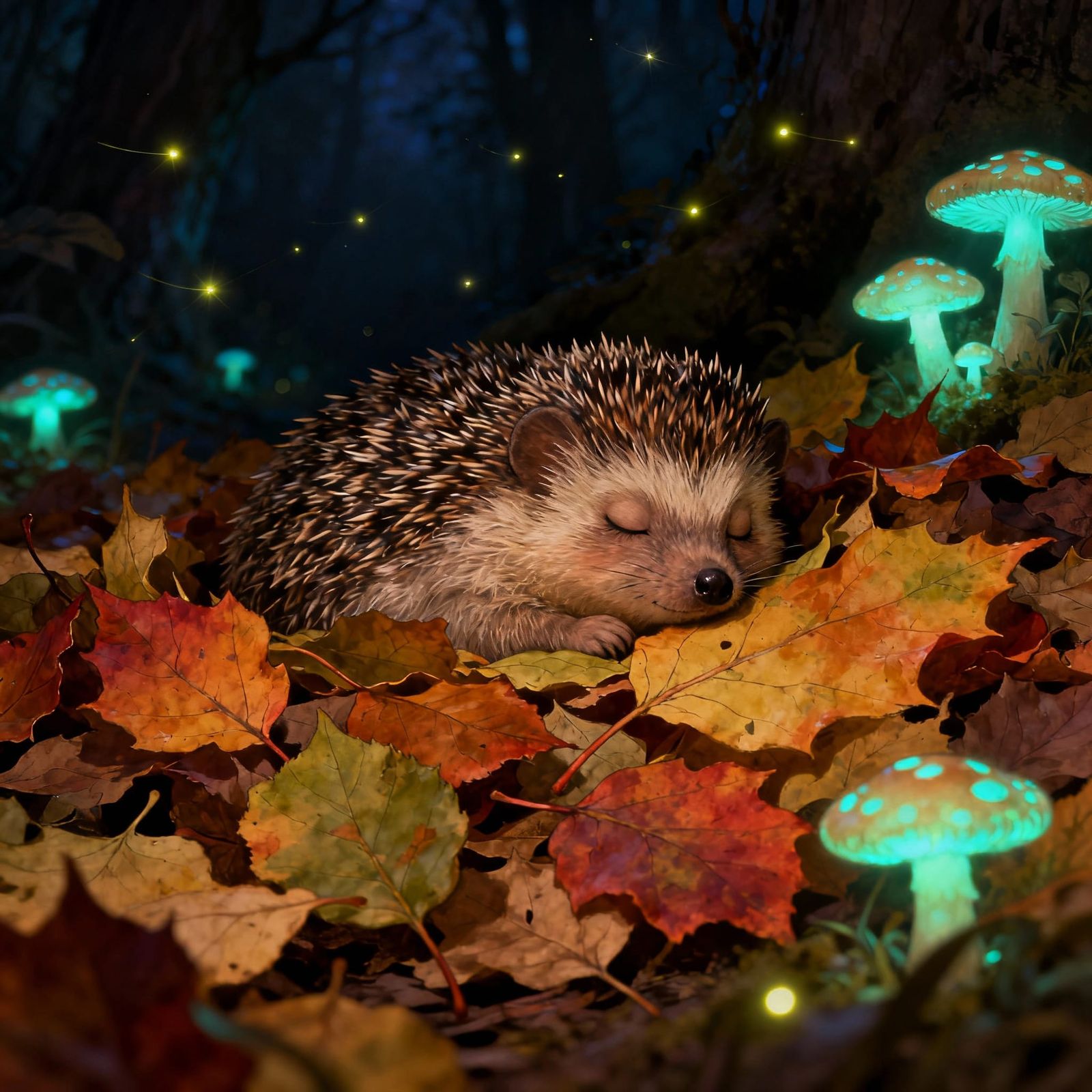Sleeping Hedgehog in Enchanted Forest Night